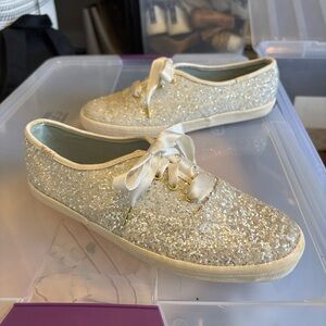 Keds Kate Spade 7.5 White Glitter Sneakers with White Satin Laces
